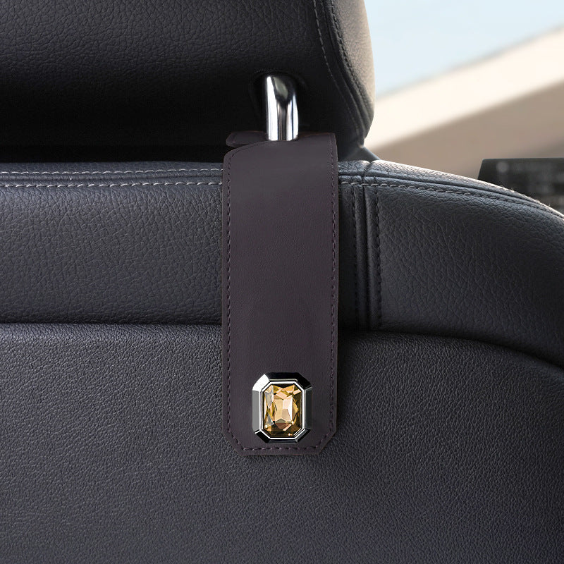 Grey Car Multi-Functional PU Leather Hook with Crystal Decoration â€“ Hidden Storage Hook for Front and Rear Seats (Set of 2)