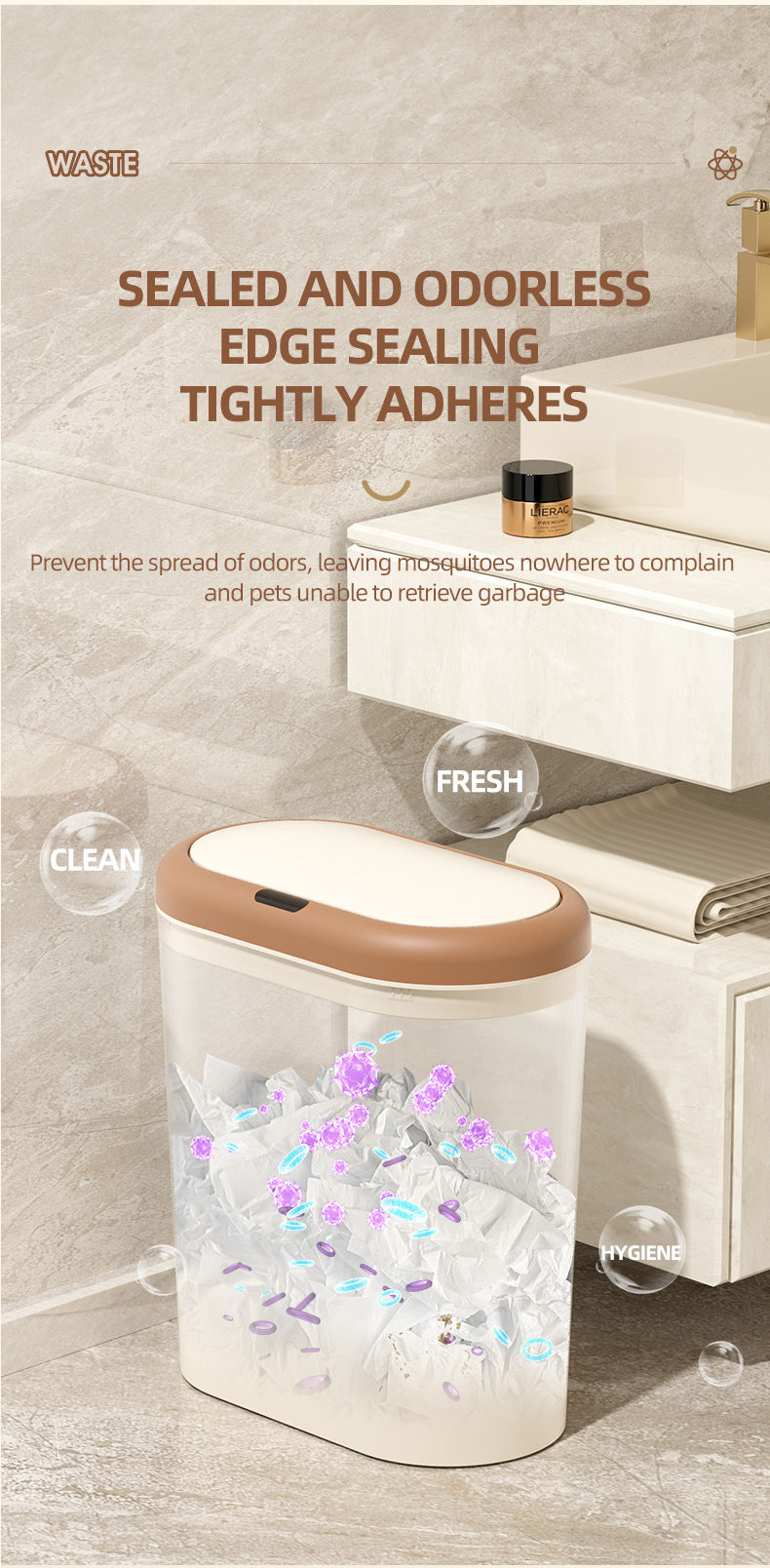 Beige and Brown Smart Sensor Trash Can â€“ 15L Capacity, Compact Design for Home Use with Automatic Induction Opening(Three sensor modes)