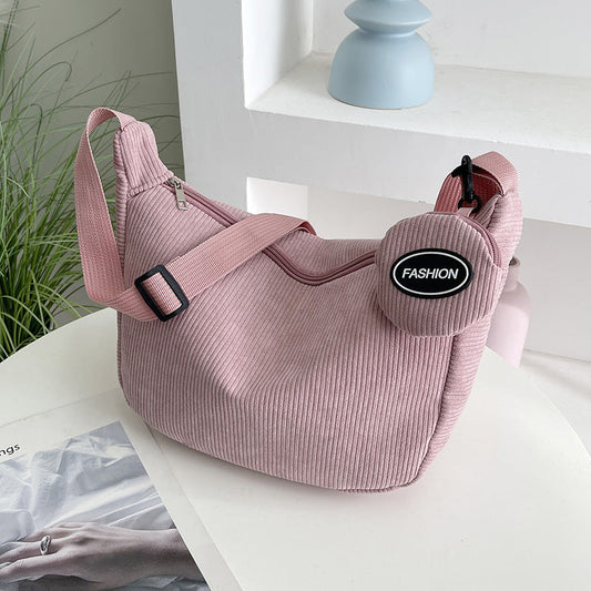 Pink Minimalist Corduroy Crossbody Bag â€“ Large Capacity Single Shoulder & Diagonal Sling Bag in Korean Style