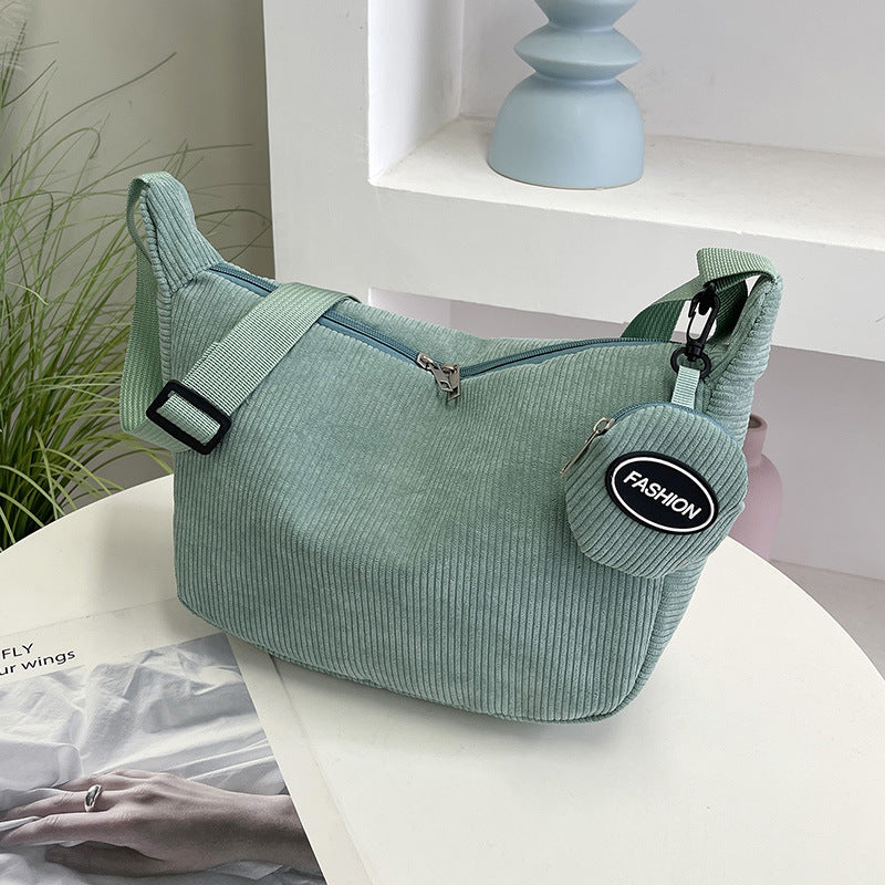 Green Minimalist Corduroy Crossbody Bag â€“ Large Capacity Single Shoulder & Diagonal Sling Bag in Korean Style