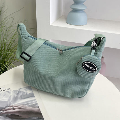 Green Minimalist Corduroy Crossbody Bag â€“ Large Capacity Single Shoulder & Diagonal Sling Bag in Korean Style
