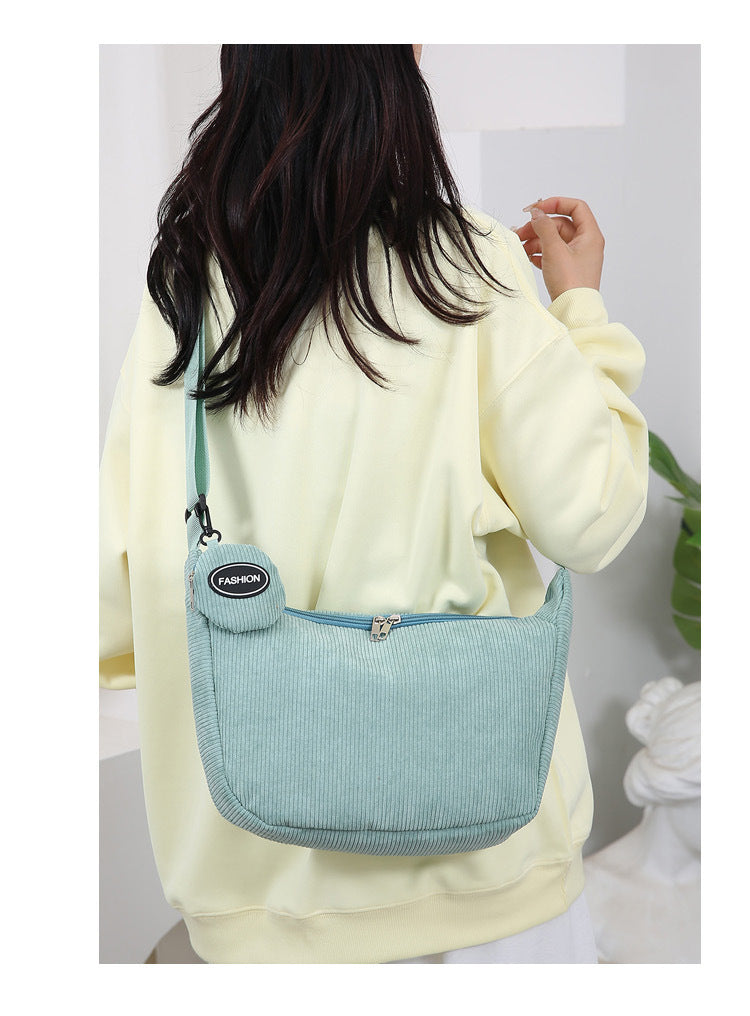 Green Minimalist Corduroy Crossbody Bag â€“ Large Capacity Single Shoulder & Diagonal Sling Bag in Korean Style