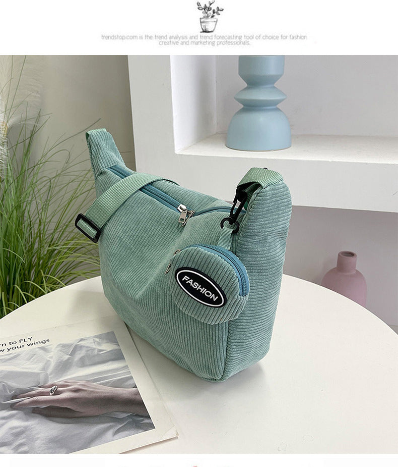 Green Minimalist Corduroy Crossbody Bag â€“ Large Capacity Single Shoulder & Diagonal Sling Bag in Korean Style