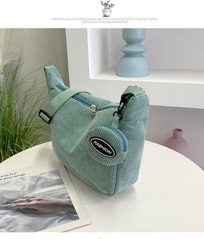 Green Minimalist Corduroy Crossbody Bag â€“ Large Capacity Single Shoulder & Diagonal Sling Bag in Korean Style