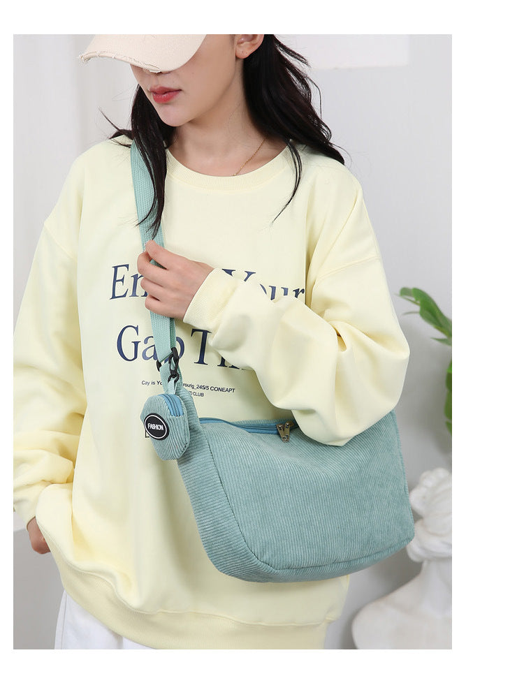 Green Minimalist Corduroy Crossbody Bag â€“ Large Capacity Single Shoulder & Diagonal Sling Bag in Korean Style
