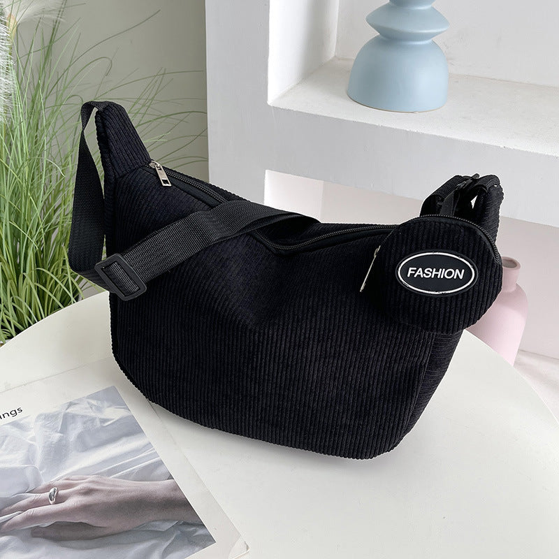 Black Minimalist Corduroy Crossbody Bag â€“ Large Capacity Single Shoulder & Diagonal Sling Bag in Korean Style