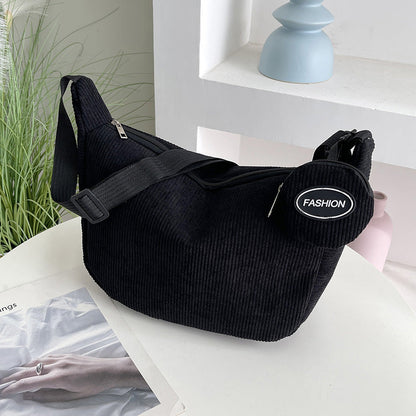 Black Minimalist Corduroy Crossbody Bag â€“ Large Capacity Single Shoulder & Diagonal Sling Bag in Korean Style