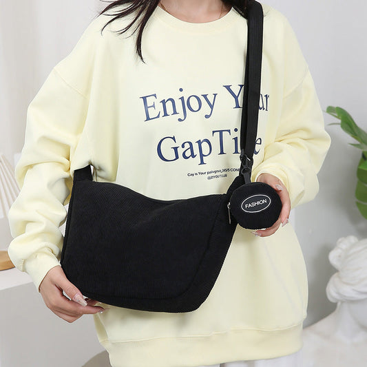 Black Minimalist Corduroy Crossbody Bag â€“ Large Capacity Single Shoulder & Diagonal Sling Bag in Korean Style