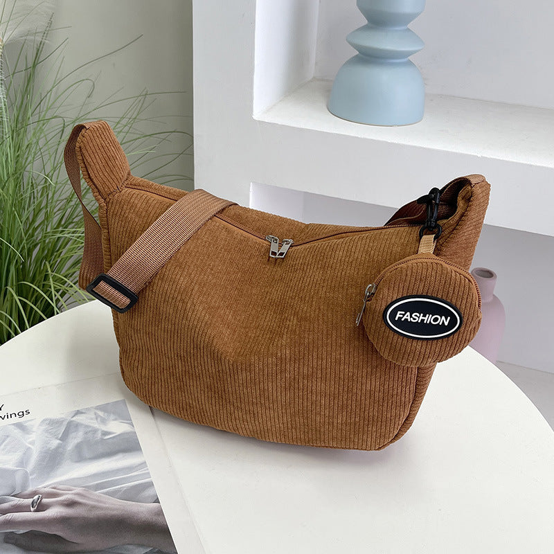 Brown Minimalist Corduroy Crossbody Bag â€“ Large Capacity Single Shoulder & Diagonal Sling Bag in Korean Style