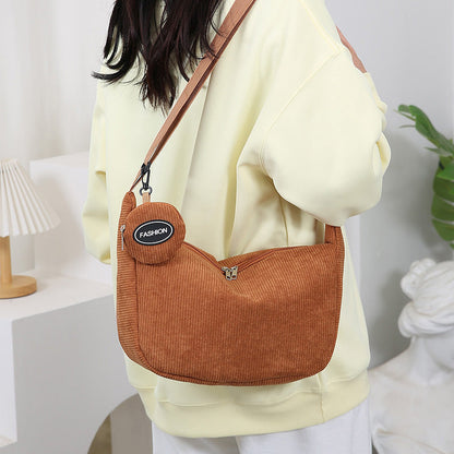 Brown Minimalist Corduroy Crossbody Bag â€“ Large Capacity Single Shoulder & Diagonal Sling Bag in Korean Style