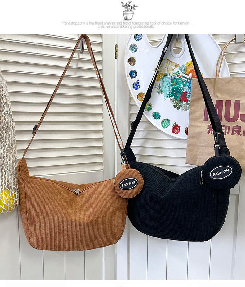 Brown Minimalist Corduroy Crossbody Bag â€“ Large Capacity Single Shoulder & Diagonal Sling Bag in Korean Style