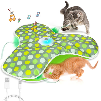 Green Interactive Cat Toys Rechargeable,Moving Concealed Feathers,Real Mouse Squeaky,Touch Activated Cat Kitten Toy Exercise Toys for Indoor Bored Adult Cats
