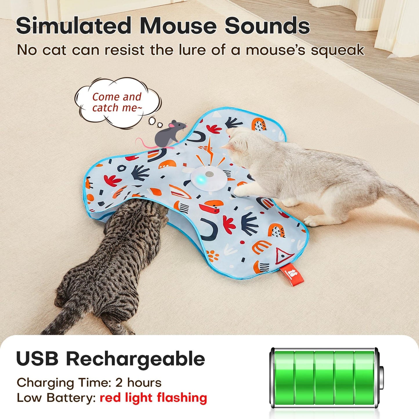 Pink Interactive Cat Toys Rechargeable,Moving Concealed Feathers,Real Mouse Squeaky,Touch Activated Cat Kitten Toy Exercise Toys for Indoor Bored Adult Cats