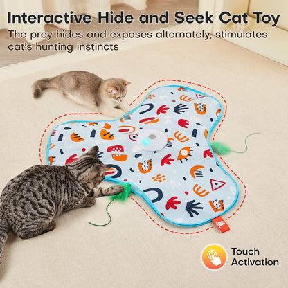 Dark Blue Interactive Cat Toys Rechargeable,Moving Concealed Feathers,Real Mouse Squeaky,Touch Activated Cat Kitten Toy Exercise Toys for Indoor Bored Adult Cats