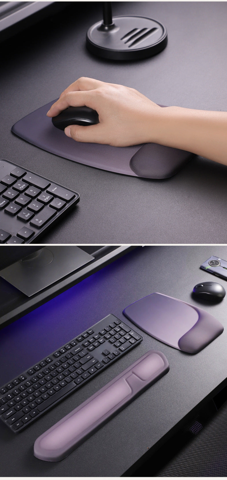 Purple Comfortable Memory Foam Wrist Rest Set â€“ Ergonomic Mouse Pad & Keyboard Hand Support for Office and Home Use