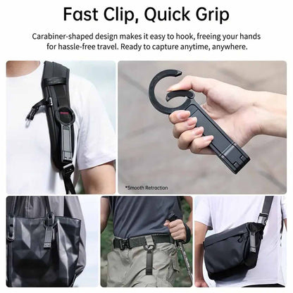 Black Magnetic Phone Stand with Foldable Tripod & Carabiner Hook â€“ Multi-Functional, Portable Smartphone Holder for Outdoor Use