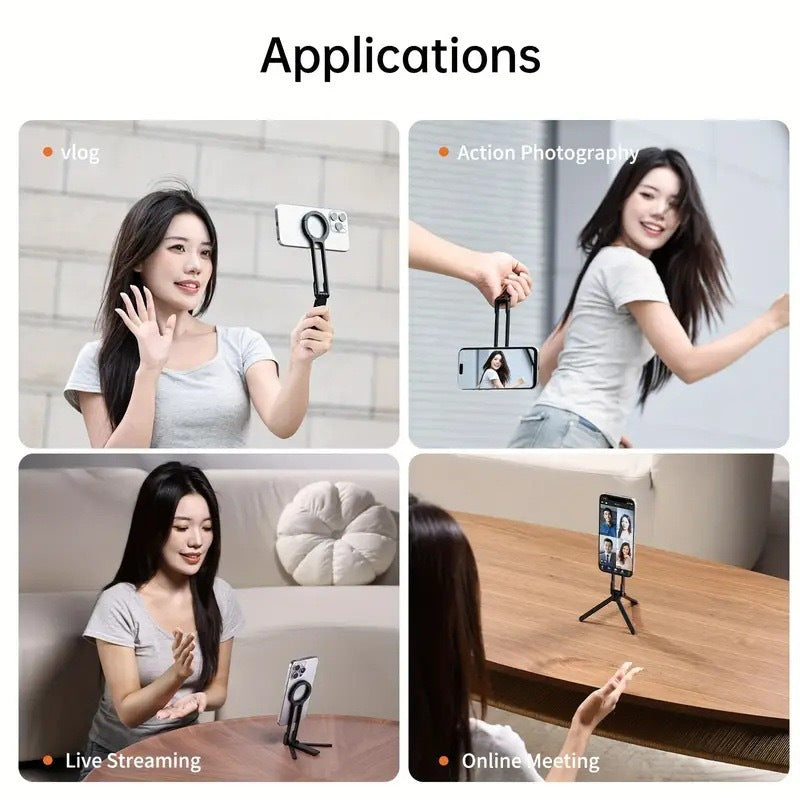Black Magnetic Phone Stand with Foldable Tripod & Carabiner Hook â€“ Multi-Functional, Portable Smartphone Holder for Outdoor Use
