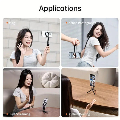 Black Magnetic Phone Stand with Foldable Tripod & Carabiner Hook â€“ Multi-Functional, Portable Smartphone Holder for Outdoor Use