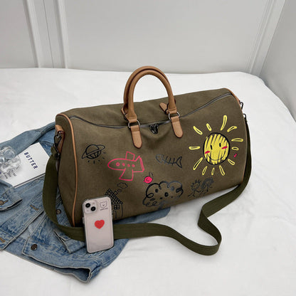 Large Capacity Canvas Travel Duffel Bag with Doodle Print - Weekend & Gym Tote(black)