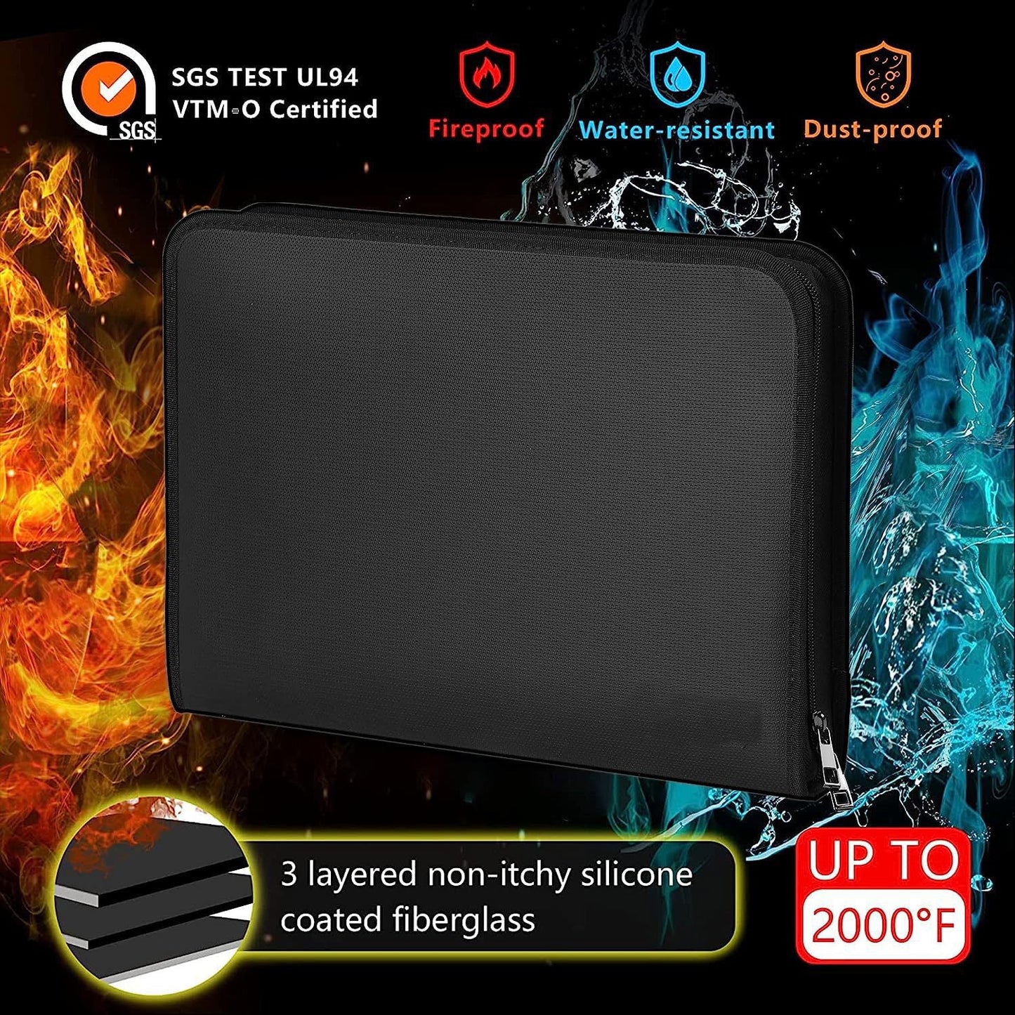 Fireproof & Waterproof Expanding File Folder Organizer with Zipper - Large Capacity Document Safe Bag(Black no-handle model)