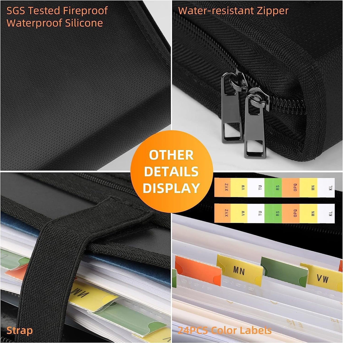 Fireproof & Waterproof Expanding File Folder Organizer with Zipper - Large Capacity Document Safe Bag(Black with handle model)