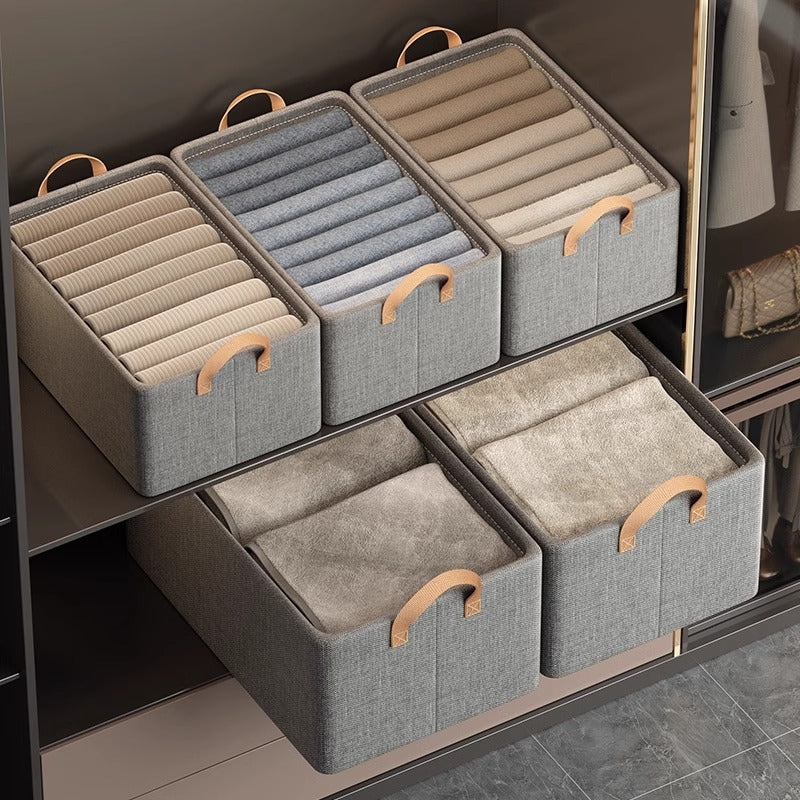 2pc Foldable Fabric Storage Bin with Steel Frame & Handles - 26L Stackable Closet Organizer(Grey)