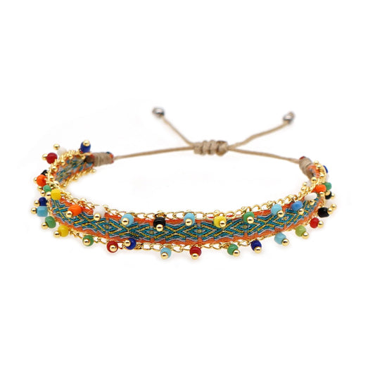 Green Style Artisan Boho Beaded Bracelet - Handmade Woven Friendship Band with Gold-Plated Chain