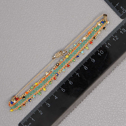 Green Style Artisan Boho Beaded Bracelet - Handmade Woven Friendship Band with Gold-Plated Chain