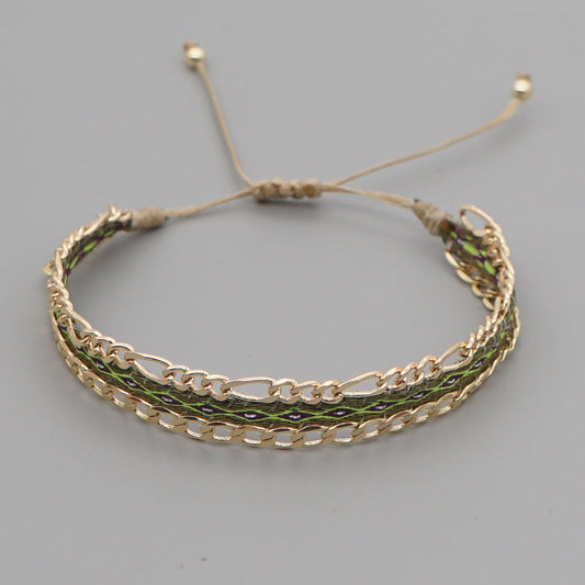 Beige-yellow Style Artisan Boho Beaded Bracelet - Handmade Woven Friendship Band with Gold-Plated Chain