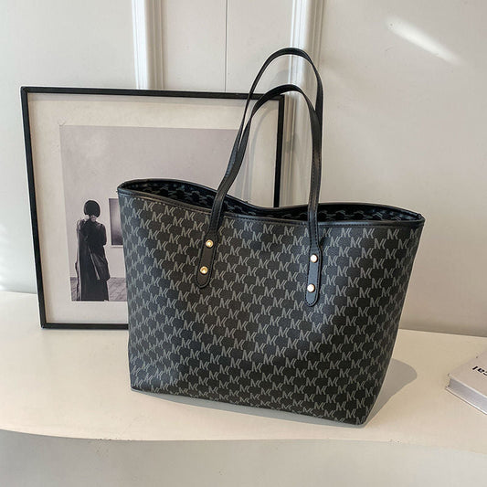 Black Chic Monogram Print Tote Bag - Large Capacity Shoulder Handbag for Work & Commuting