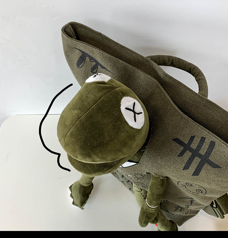 Coffee-brown 3D Frog Graffiti Canvas Backpack Large Capacity 37x40cm School Bag for Students and Uni Students - Creative Aesthetic Rucksack