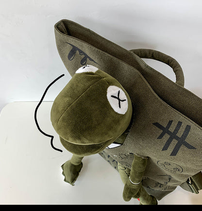 Coffee-brown 3D Frog Graffiti Canvas Backpack Large Capacity 37x40cm School Bag for Students and Uni Students - Creative Aesthetic Rucksack