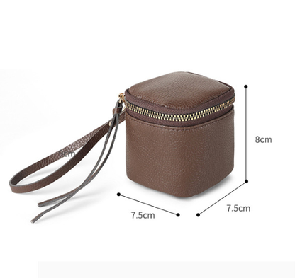 Coffee 2 Pack Mini PU Leather Cube Cosmetic Bag - Portable Travel Pouch for Lipstick, Coins and Jewelry - Compact Storage with Wrist Strap 8x7.5cm