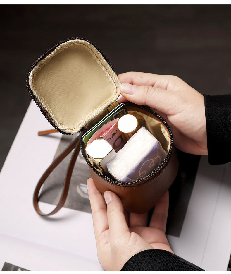 Coffee 2 Pack Mini PU Leather Cube Cosmetic Bag - Portable Travel Pouch for Lipstick, Coins and Jewelry - Compact Storage with Wrist Strap 8x7.5cm