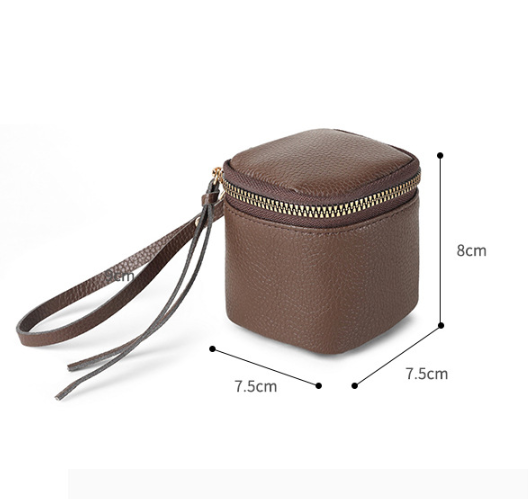 Brown 2 Pack Mini PU Leather Cube Cosmetic Bag - Portable Travel Pouch for Lipstick, Coins and Jewelry - Compact Storage with Wrist Strap 8x7.5cm