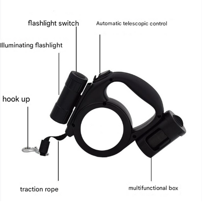 Green 3-in-1 Retractable Dog Leash with LED Flashlight and Waste Bag Dispenser 5m Nylon Lead for Dogs up to 20kg Essential Pet Walking Gear