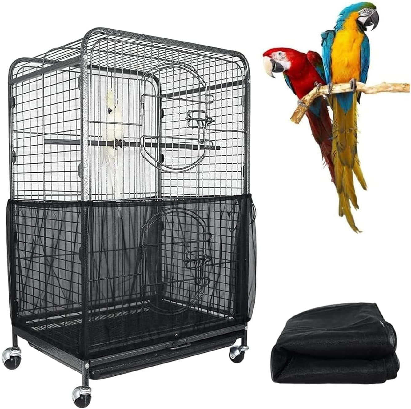 S Blackã€Height 17, Circumference 110ã€‘ Large Bird Cage Seed Catcher Net Cover - Adjustable Mesh Guard Splash-Proof Dust Cover for Indoor Outdoor Cages