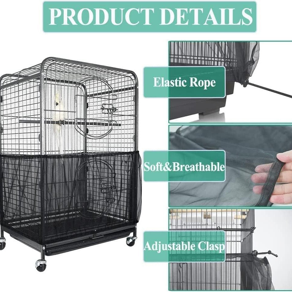 S Blackã€Height 17, Circumference 110ã€‘ Large Bird Cage Seed Catcher Net Cover - Adjustable Mesh Guard Splash-Proof Dust Cover for Indoor Outdoor Cages