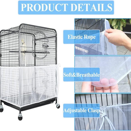 M Blackã€Height 20, Circumference 170ã€‘ Large Bird Cage Seed Catcher Net Cover - Adjustable Mesh Guard Splash-Proof Dust Cover for Indoor Outdoor Cages