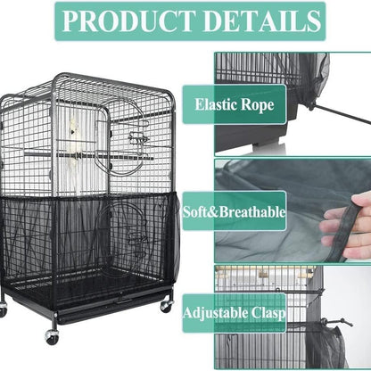 XXL Blackã€Height 40, Circumference 220ã€‘ Large Bird Cage Seed Catcher Net Cover - Adjustable Mesh Guard Splash-Proof Dust Cover for Indoor Outdoor Cages