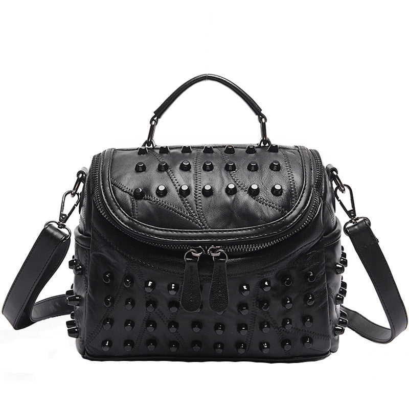 Women's Black Studded Handbag Soft PU Leather Crossbody Shoulder Bag with Rivets Trendy Box Purse 22cm for Travel Party