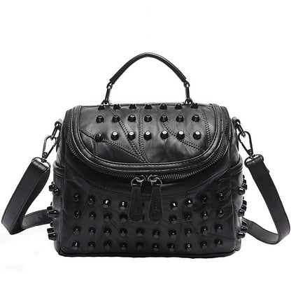 Women's Black Studded Handbag Soft PU Leather Crossbody Shoulder Bag with Rivets Trendy Box Purse 22cm for Travel Party