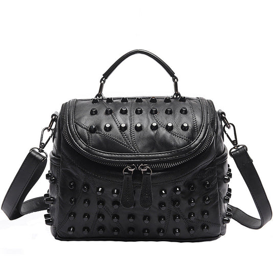 Women's Black Studded Handbag Soft PU Leather Crossbody Shoulder Bag with Rivets Trendy Box Purse 22cm for Travel Party