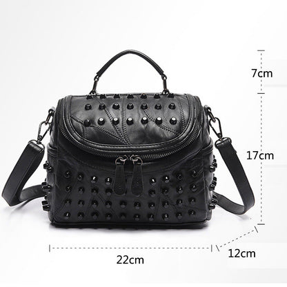 Women's Black Studded Handbag Soft PU Leather Crossbody Shoulder Bag with Rivets Trendy Box Purse 22cm for Travel Party