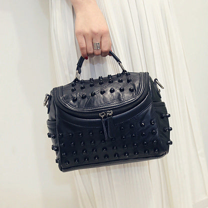 Women's Black Studded Handbag Soft PU Leather Crossbody Shoulder Bag with Rivets Trendy Box Purse 22cm for Travel Party