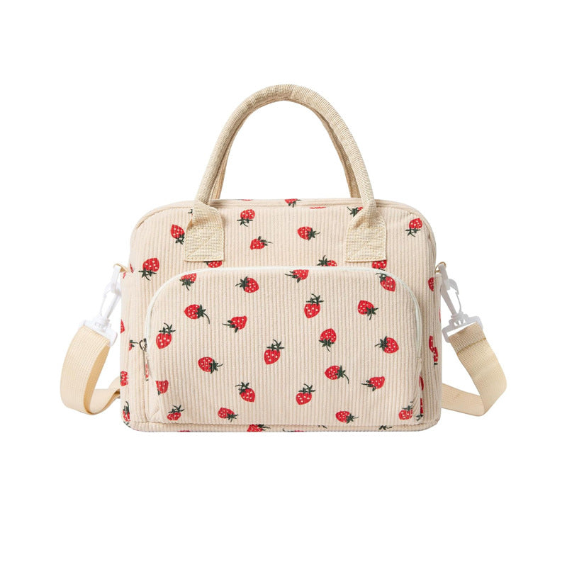 Beige Women's Large Corduroy Lunch Bag Insulated Thermal Tote Strawberry Print with Shoulder Strap for Work School & Picnics
