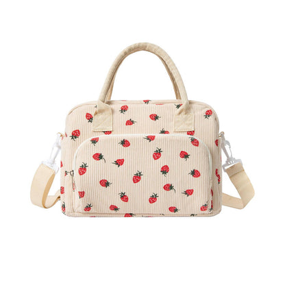 Beige Women's Large Corduroy Lunch Bag Insulated Thermal Tote Strawberry Print with Shoulder Strap for Work School & Picnics