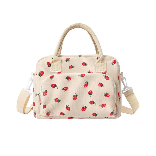 Beige Women's Large Corduroy Lunch Bag Insulated Thermal Tote Strawberry Print with Shoulder Strap for Work School & Picnics