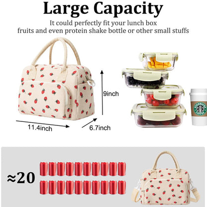 Beige Women's Large Corduroy Lunch Bag Insulated Thermal Tote Strawberry Print with Shoulder Strap for Work School & Picnics