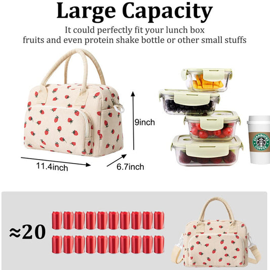 Beige Women's Large Corduroy Lunch Bag Insulated Thermal Tote Strawberry Print with Shoulder Strap for Work School & Picnics
